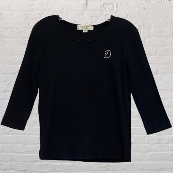 CAROLYN TAYLOR -- Black Top, 3/4 Sleeves, Faux Diamond (Rhinestone) Monogram "D" - Picture 9 of 15